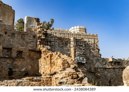 ancient fort wall ruins with bright blue sky at morning image is taken at Kumbhal fort kumbhalgarh rajasthan india.