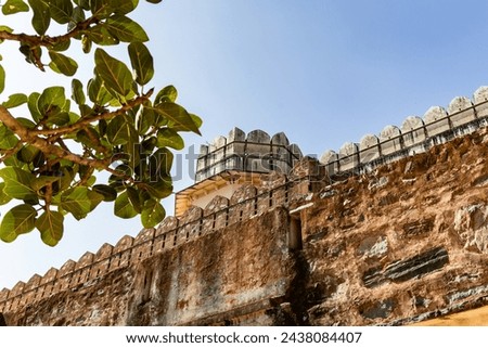 ancient fort stone wall with bright blue sky at morning image is taken at Kumbhal fort kumbhalgarh rajasthan india.