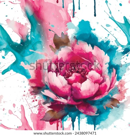 Watercolor blossom peonies flowers seamless pattern. Dirty watercolor background with splashes, splatters. Hand drawn painting peony flower, leaves. Modern artistic ornament. Endless grunge texture.