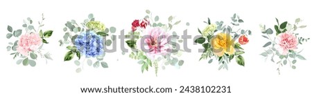 Bright hydrangea flowers, roses, tulips, peony, carnation, greenery and eucalyptus Easter vector bouquets. Floral pastel watercolor. Blooming garden. Easter florals. Elements are isolated and editable