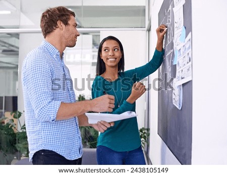 Business people, planning and creative by chalkboard in office for storyboard drawing or animation illustration. Graphic design, man and woman with teamwork by blackboard or smile for cartoon project