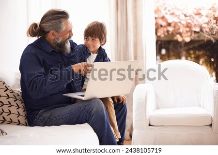 Grandfather, child or laptop on couch to relax, love or bonding together for cartoon in living room. Happy family, boy or computer for fun on internet games or streaming a movie subscription in home