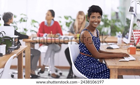 Portrait, happy or business woman by keyboard in office, closeup or professional for productivity by desk. Editor, smile or face by computer for digital writing or creative for online blog of company