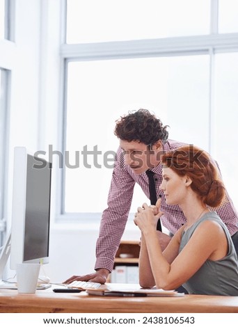 Business people, teamwork and support on computer for training, advice or feedback on copywriting or project. Professional editor, leader or man and woman reading on desktop of report or editing