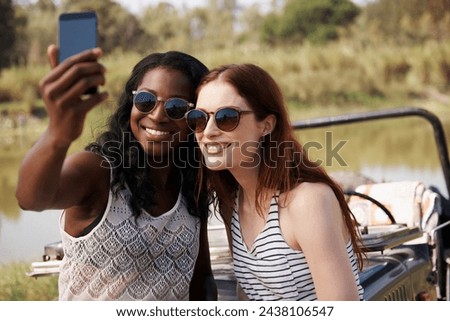 Women, selfie or holiday on road trip in countryside, memory or travel adventure for social media in nature. Ladies, internet and profile picture as friends on vacation and bonding together on farm
