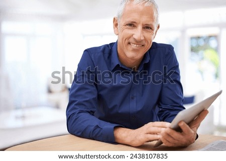 Tablet, search and portrait of senior man in house streaming, reading or ebook sign up. Face, smile or elderly male person with digital, app or online , internet or subscription service