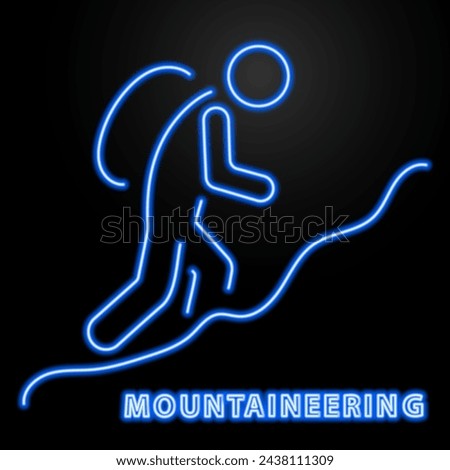 mountaineering neon sign, modern glowing banner design, colorful modern design trend on black background. Vector illustration.