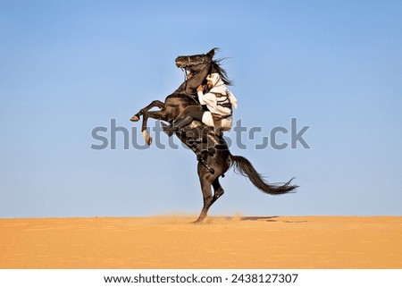 Arabian man triumphing in battle and rearing his horse while holding his bow and arrow Royalty-Free Stock Photo #2438127307