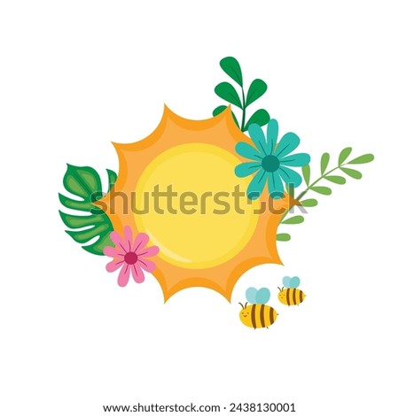 Vector Illustration of a Spring Sun with Surrounding Spring Flowers and Plants