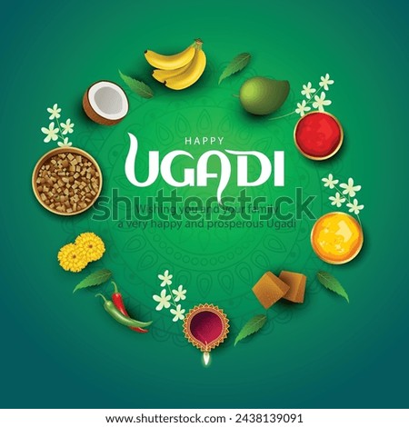 happy Ugadi New Year festival. holiday celebrated by the inhabitants of Karnataka and Andhra Pradesh. abstract vector illustration graphic design. Royalty-Free Stock Photo #2438139091