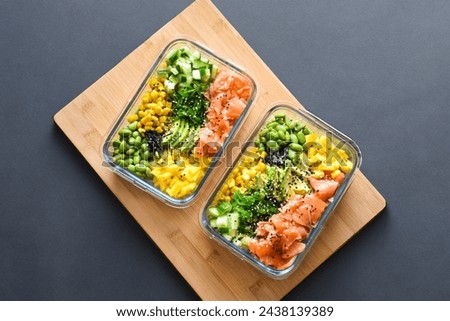 Multicolored poke bowl with salmon