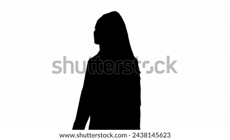 Female reporter black silhouette on white background with alpha channel. African American woman news host in suit.