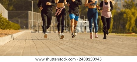 Cropped photo of legs of a people group in sportswear jogging along a path in the park having sport workout in nature. Sporty friends men and women running together exercising outdoors. Banner.