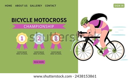 Bicycle motocross championship web banner. Cyclist riding bike. Background for sports standings with three prizes. Gold, silver and bronze medals. Text templates, website. Vector flat illustration.