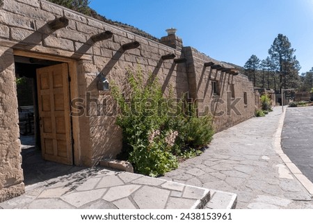Bandelier National Monument, New Mexico. Former Frijoles Canyon Lodge is now Sirphey at Bandelier, a restaurant located near the park visitor center in Frijoles Canyon. Royalty-Free Stock Photo #2438153961