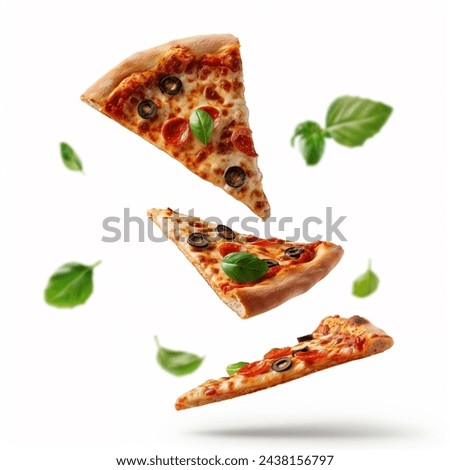 Pizza slices flying, isolated on white background. Delicious peperoni pizza slices pepperonis and olives, floating pizza pieces with melting cheese with basil leaves flying. 
