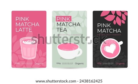 Pink tea matcha powder packaging design concept. Set of vector illustrations of healthy natural beverage, сup and glass of drink matcha latte. Dragon fruit pure organic powder. Pack mockup, ad, poster