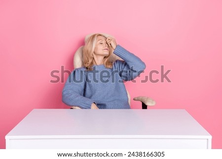 Photo of bored tired lady dressed sweater feeling bad working office isolated pink color background