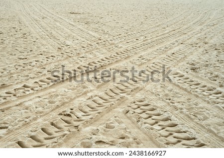 Crossed vehicle tire tracks in wet sand in cloudy day