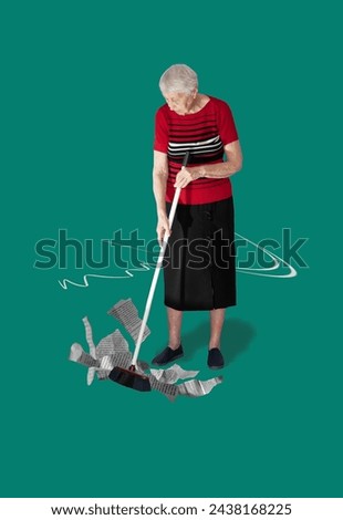 Contemporary art collage. Senior woman collects garbage with a brush - newspaper scraps as fake news isolated over color background. Fake information on media. Concept of creativity, imagination