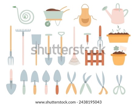 Gardening tools set. Springtime garden work. Various different sized garden elements. Colorful hand drawn vector illustration collection.