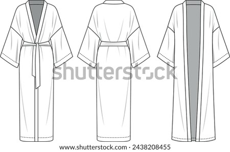 
Women's long sleeve Kimono dress flat line vector illustration, front back and beltless view, Kimono robe technical fashion illustration. Royalty-Free Stock Photo #2438208455