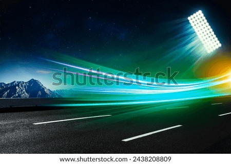 Picture of a football field at night. The stadium was created in 3D without using existing references. Pitch night before the game. Road with blue lights car show stand