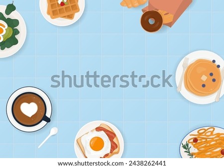 Food and drinks background. Coffee, breakfast, and pastry bakery on a blue background with copy space.