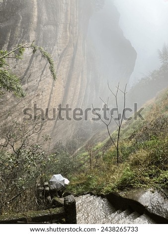Perilous Path Beneath the Steep Cliffs in Wuyi, Fujian, China. Royalty-Free Stock Photo #2438265733