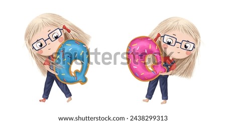 Cute little girl with chocolate donut- letter Q. Tasty set on white background. Learn alphabet clip art collection