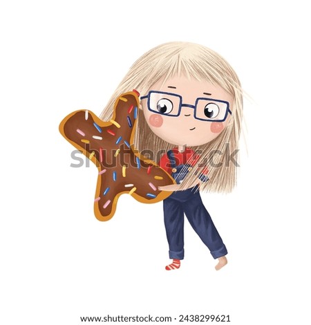 Cute little girl with chocolate donut- letter X on white background. Learn alphabet clip art collection