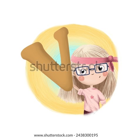 Cute little girl with letter V. Colorful cartoon graphics. Learn alphabet clip art collection on white background