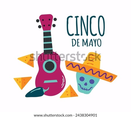 Cinco de Mayo vector card with nachos, jalapeno, guitar, skull in sombrero