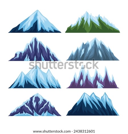 Set of snowy mountain set collection, Flat rock mountains relief. Snowy cliff, mountain and hill. Isolated rocky peak, iceberg, cartoon canyon silhouette, Outdoor travel, hiking adventure, tourism.