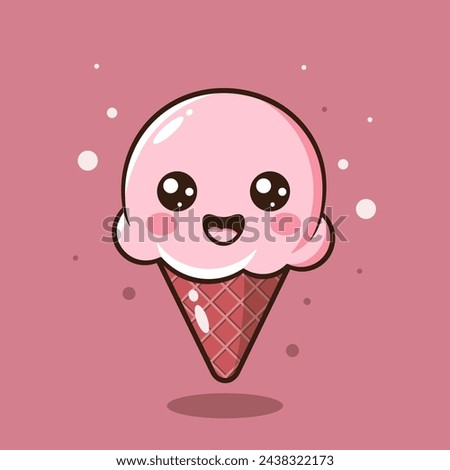 Kawaii ice cream cone vector flat illustration. Pink cartoon ice cream with outline and smiling face on red background.