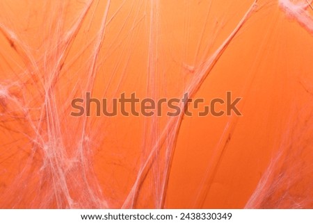 Creepy white cobweb hanging on orange background Royalty-Free Stock Photo #2438330349