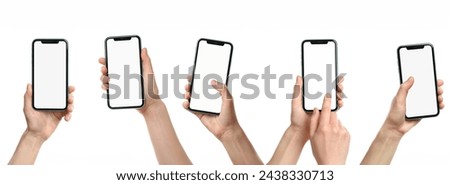 Collage with photos of woman holding iPhone 11 on white background, closeup