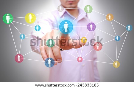 Young woman touching future technology social network button