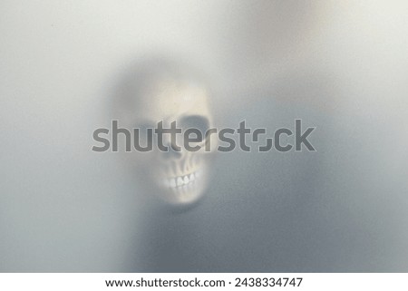 Silhouette of creepy ghost with skull behind cloth, space for text