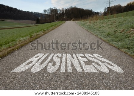 Asphalt road with arrow guideline and Business letters painted on the surface. An image of a road milestones are representative of success in the future goal. Road to success with light of the sun. Royalty-Free Stock Photo #2438345103