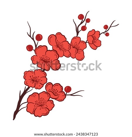 Asian sakura cherry blossom branch, minimalist simple flat vector illustration isolated on white background. Clip art element for oriental template, banner