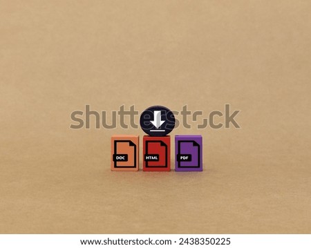 Download icon, PDF file format, DOC and HTML icon on colored wooden block. document management system

