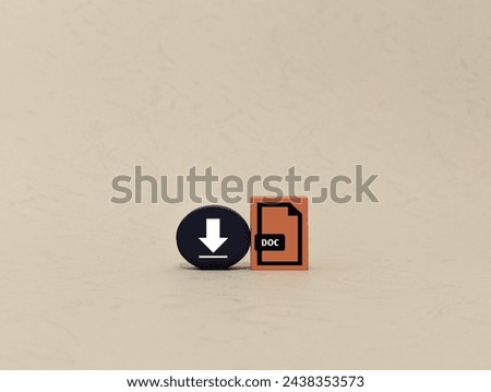 

rectangle and oval wooden cube with DOC file format and download icon. save doc file concept