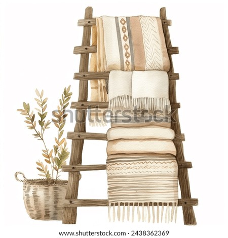 watercolor blanket ladder with blankets, cottagecore, earth tone colors, cute illustrations, clip art, simple, white background Royalty-Free Stock Photo #2438362369
