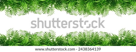 A lush border of green leaves against a white background, resembling a natural landscape with terrestrial plants. It evokes a sense of tranquility and connection to the earth