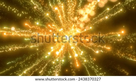 Yellow festive bright energy magical fireworks salute explosion with light rays lines and energy particles. Abstract background.