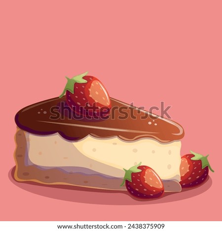  A piece of strawberry cheesecake with chocolate. Cake isolated vector illustration