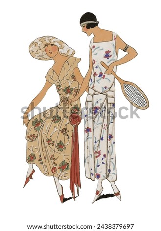 Vintage fashion illustration of two lady friends going for a game of tennis. The elegant players are dressed in gorgeous long summer dresses. Picture out of a 1920s magazine.