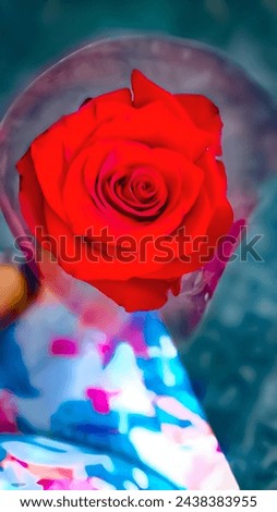A vibrant red rose encapsulated in a clear wrap, held against a colorful backdrop, exuding elegance and passion.