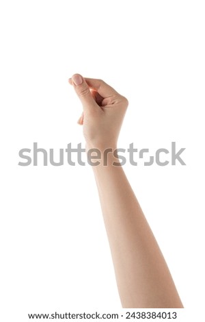 Young female right hand hold something thin or small isolated on white Royalty-Free Stock Photo #2438384013
